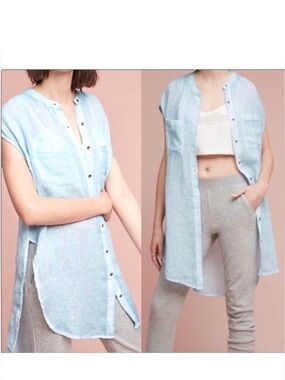 HOLDING HORSES Light Blue Linen Button-Down Tunic Shirt Sz Medium Anthropologie